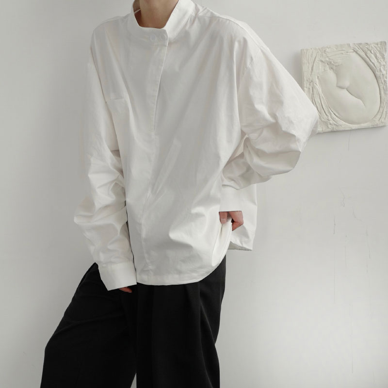 禁欲系男士白色衬衫男设计感小众上衣服高级感冷淡风立领韩版衬衣 - 图2