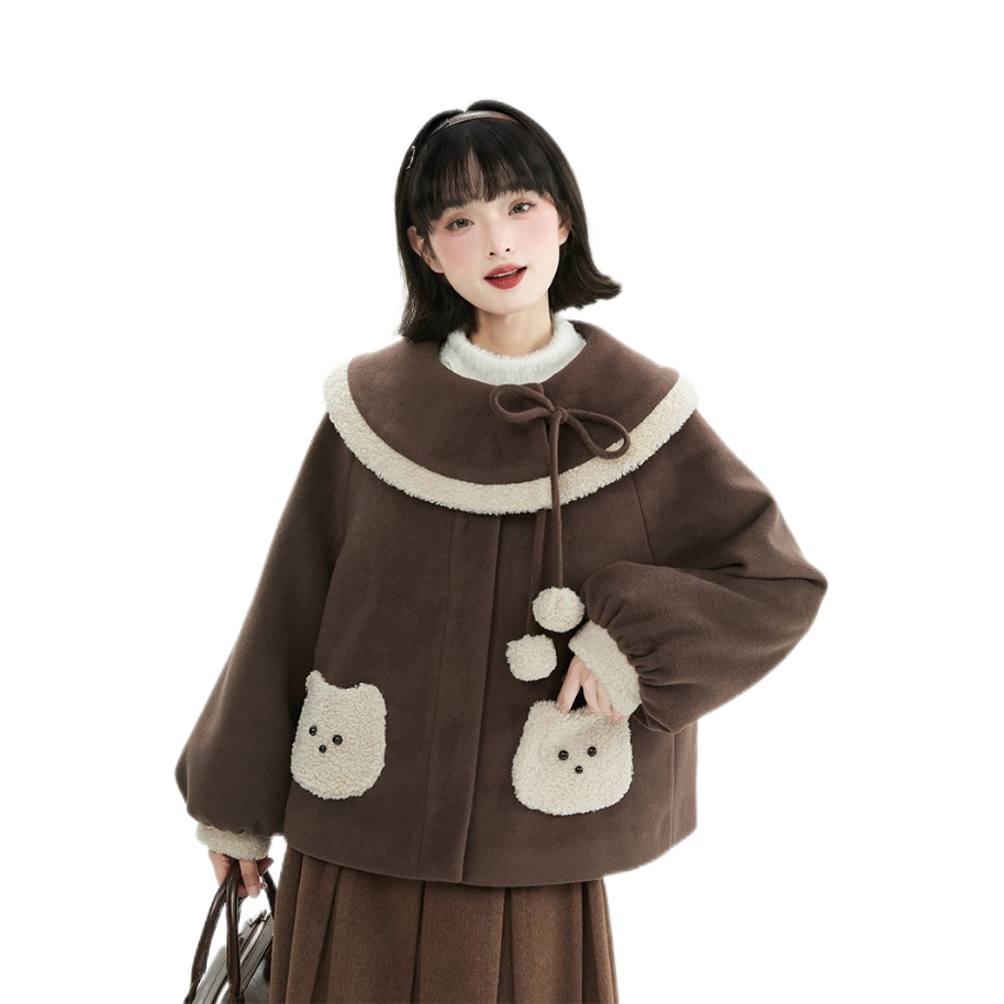 【焦糖小熊】咖色毛领盘扣加厚保暖毛呢外套+半身裙两件套女冬季,淘宝优惠券,粉丝福利购,淘宝优惠卷