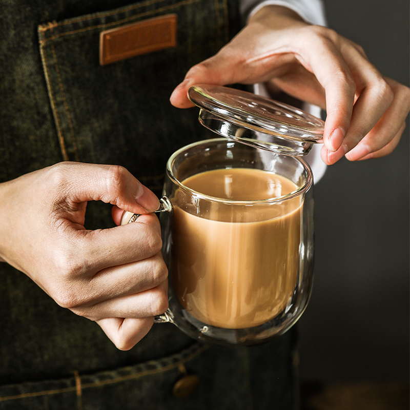 双层隔热玻璃杯喝水咖啡杯创意透明带把有盖茶杯家用水杯子口杯