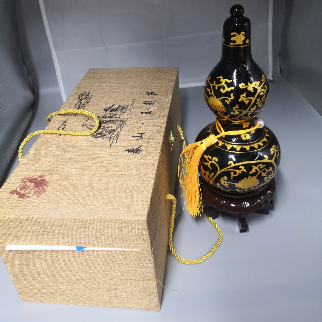 泰山墨玉葫芦摆件会议商务纪念品礼品黑玉莲花缠枝实心不开口-图0