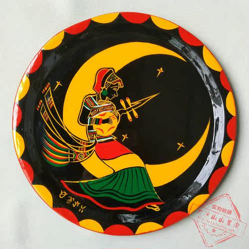 彝族漆器人物画盘 全手工彩绘木质工艺盘 客厅摆设大号传统漆器盘 - 图0