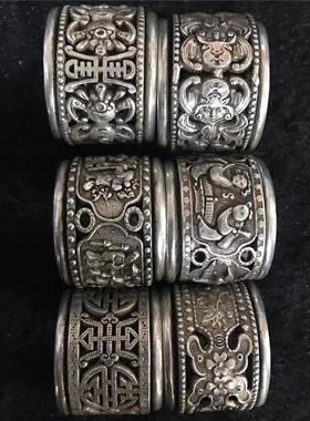 2025仿古做旧白铜镀银 镂空浮雕人物福寿双层转动扳指仿银扳指