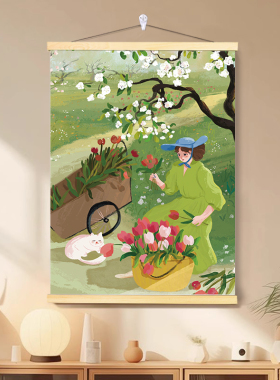 春日女孩猫咪郁金香客厅卧室挂画樱桃卧室房间玄关简约装饰画