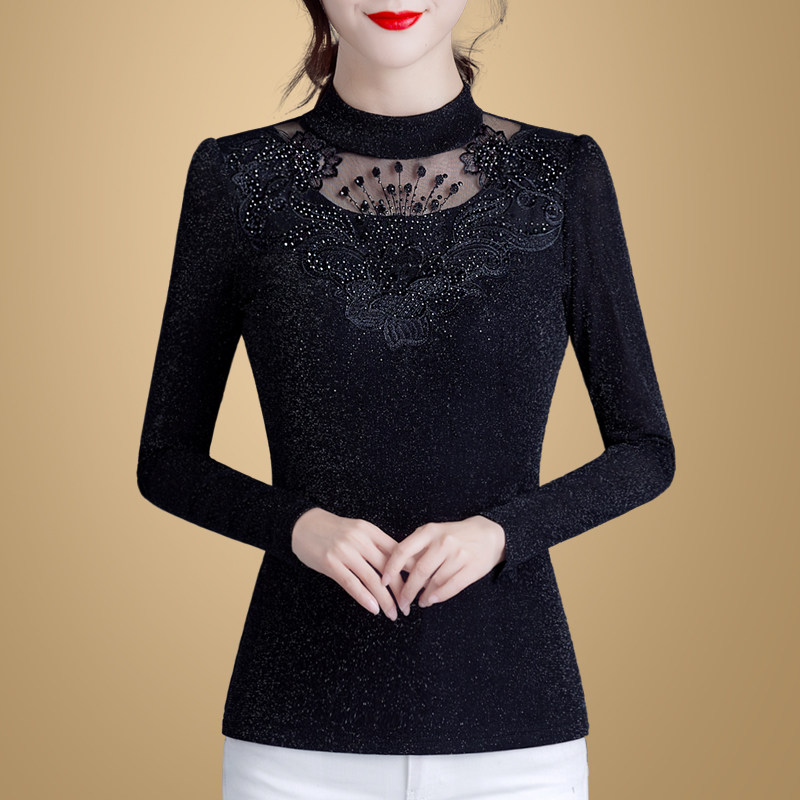 修身小衫2021秋冬新款加绒网纱t恤 欣韵芬蕾丝衫/雪纺衫