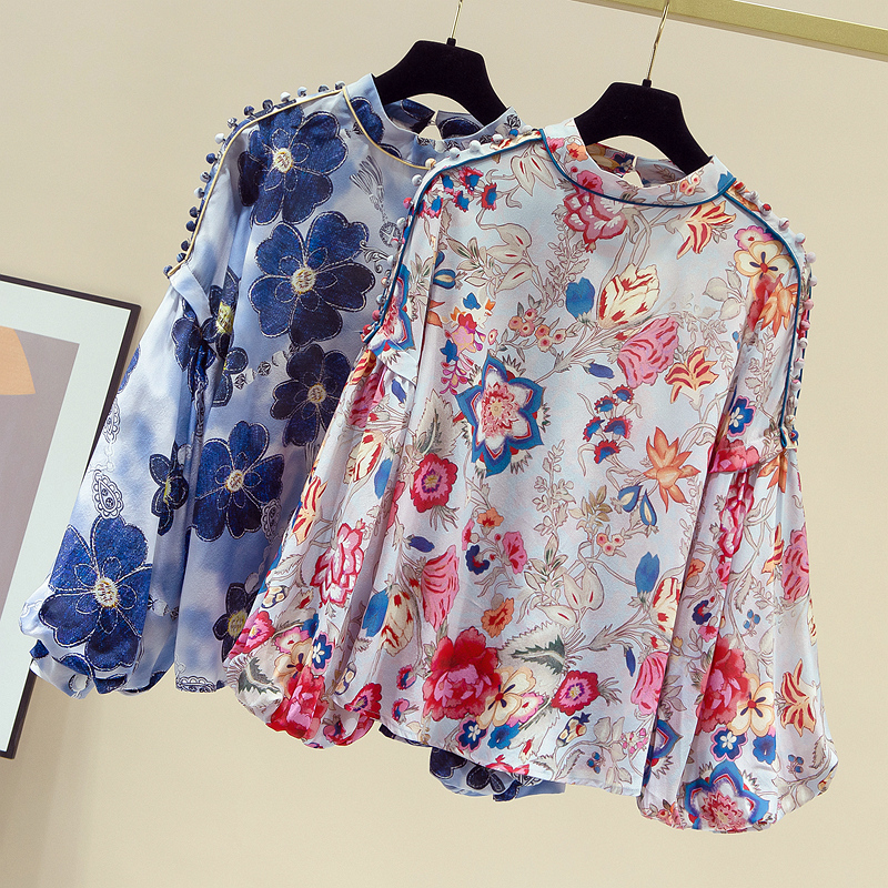 美丽盼旗舰店碎花雪纺衫女长袖早秋装年新款遮肚洋气小衫时尚显瘦气质上衣1