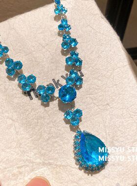 高级感蓝色 气质链宫廷风水影项链宝石湖光花朵轻奢锁骨水滴项饰