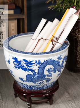 景德镇青花龙纹陶瓷缸摆件赠底座