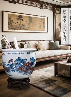 景德镇大师手绘落地卷轴缸