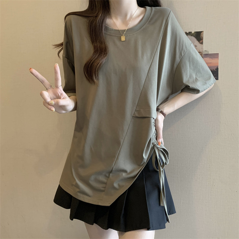 大码胖MM夏季不规则抽绳短袖T恤女百搭遮肉显瘦设计感宽松上衣潮,淘宝优惠券,粉丝福利购,淘宝优惠卷