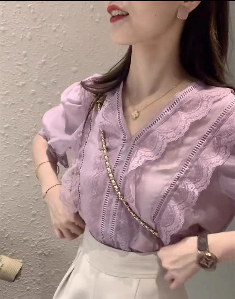 蕾丝仙气欧美风夏天新款法式小衫 芘魅蕾丝衫/雪纺衫