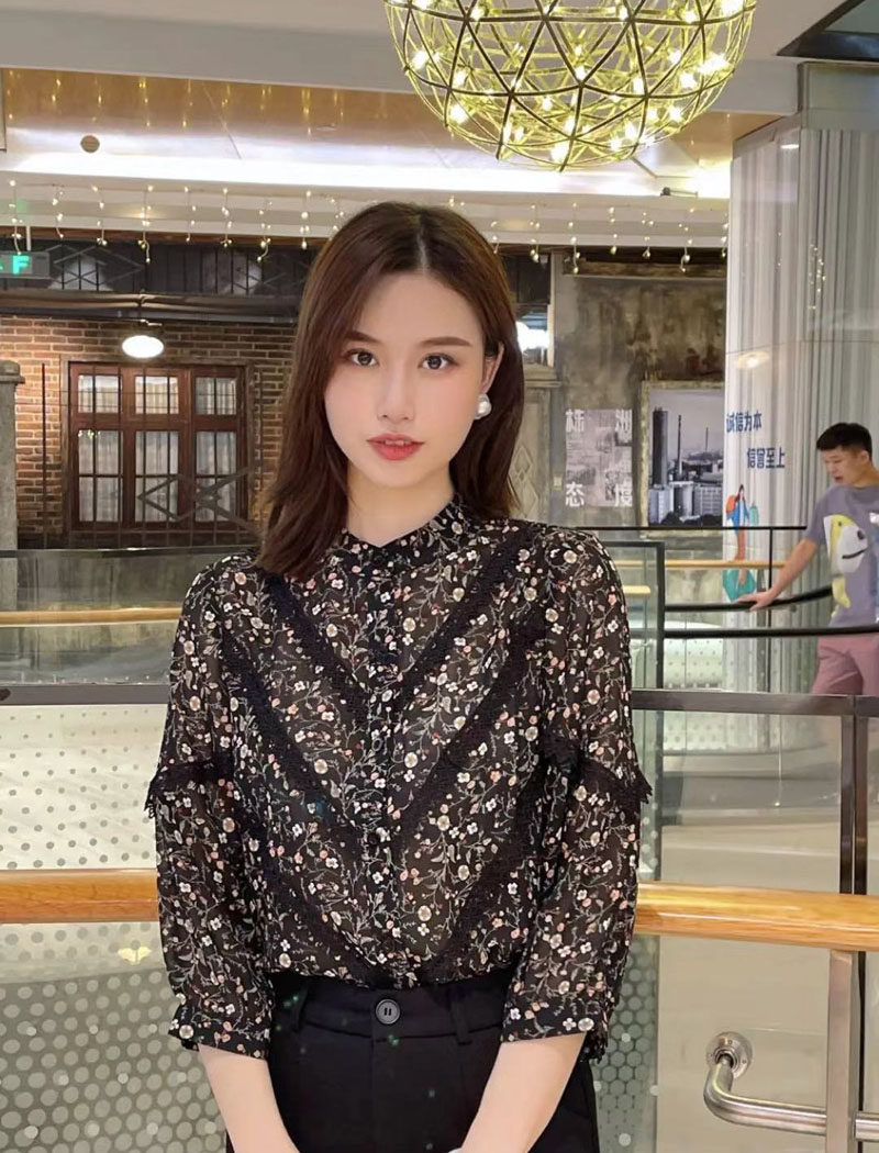 欧货碎花雪纺气质甜美女士夏衬衫 芘魅衬衫