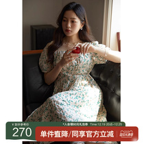 Solo bouquet French style retro square collar lacing to collect waist one-piece dress Women Summer WeChat microFat MM sweet and less Aging Crummy Dress