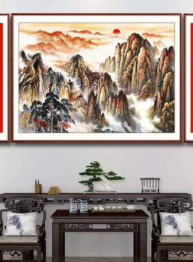 中堂客厅紫气东来挂画农村堂屋大厅装饰中式大气对联山水风景字画