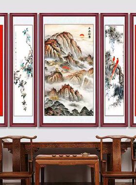 农村堂屋中堂画福照家门万事兴客厅挂画山水风景字招财进宝五联画