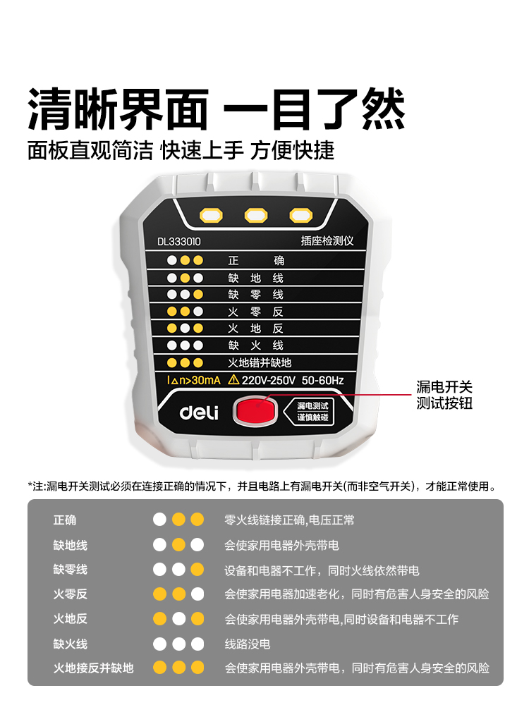 高档得力工具插座相位检测仪电源极性测电器验电器漏电测试仪试电