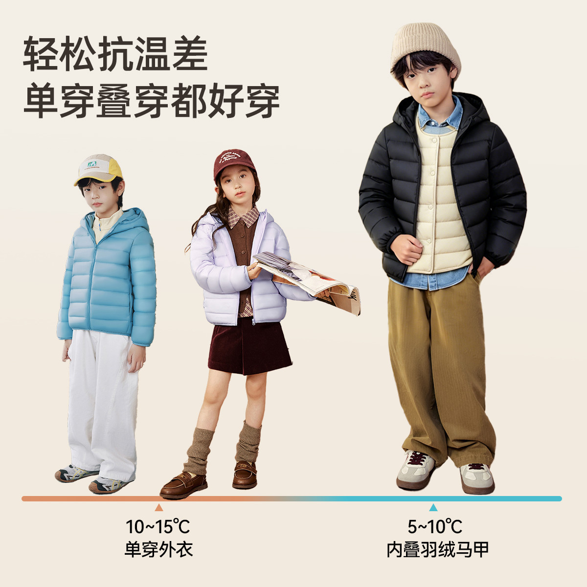 雪中飞2026夏新款男女童90绒连帽经典排骨羽绒服纯色简约百搭舒适