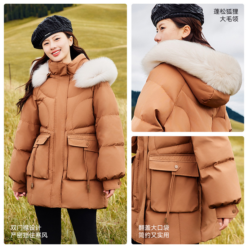 雪中飞2024秋冬新款韩版连帽大毛领狐狸毛红色百搭女外套羽绒服