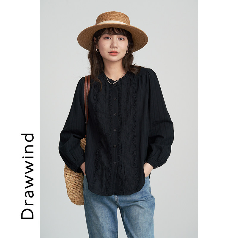 画风drawwind2025秋季新款长袖衬衫女宽松提花面料贴花边圆领上衣