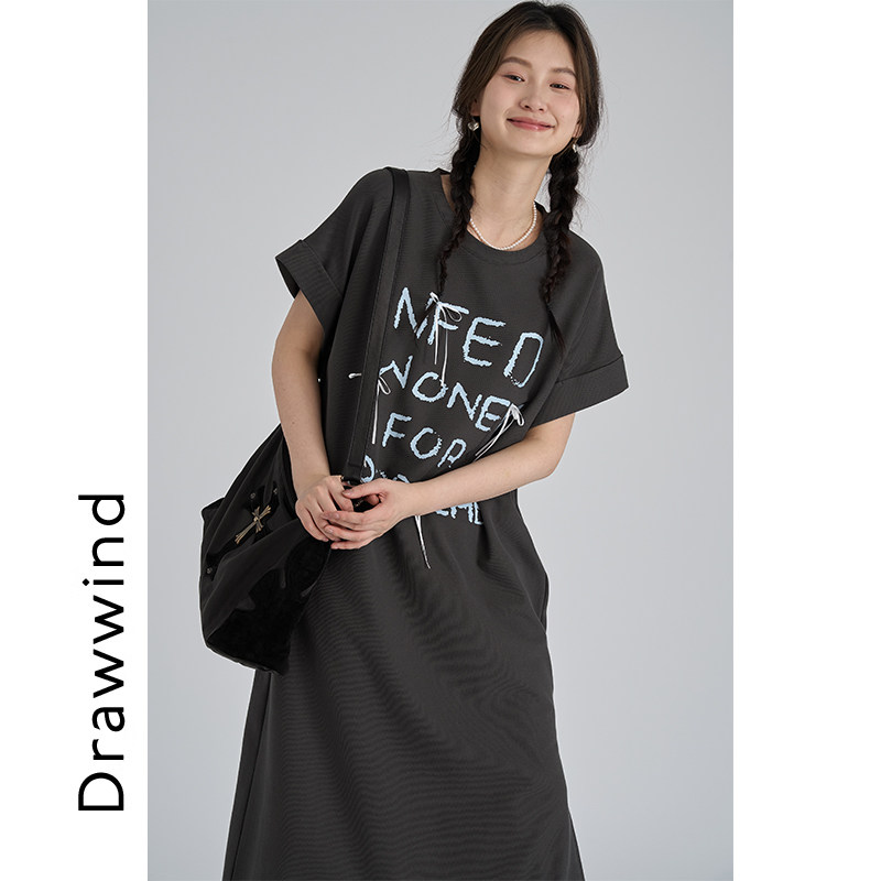 画风drawwind棉短袖T恤连衣裙女夏季2026新款宽松圆领休闲长裙