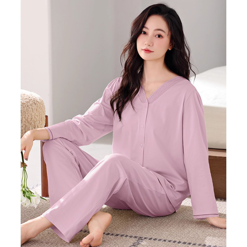 睡衣女春秋款纯棉长袖2025新款休闲V领家居服宽松大码女款春秋季