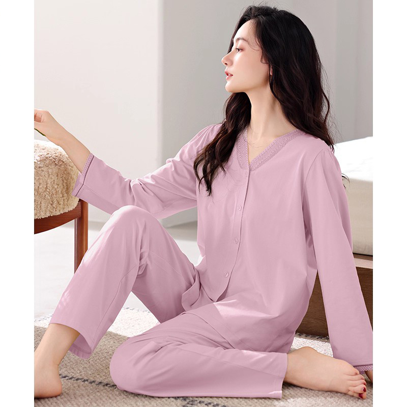 睡衣女春秋款纯棉长袖2025新款休闲V领家居服宽松大码女款春秋季
