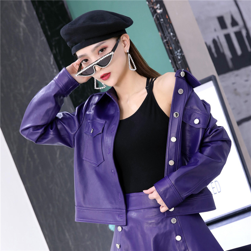 皮衣女短款2024秋季新款绵羊皮紫色皮夹克真皮韩版上衣长袖短外套,淘宝优惠券,粉丝福利购,淘宝优惠卷
