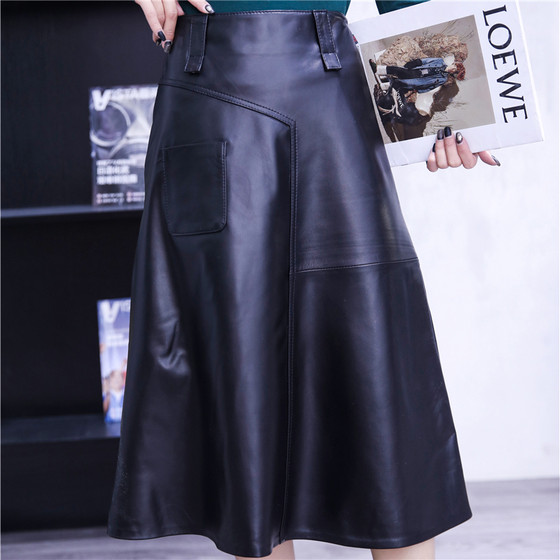 A-line skirt for women 2023 autumn and winter new sheepskin high-waisted leather skirt genuine leather over-the-knee mid-length skirt slimming half-length skirt