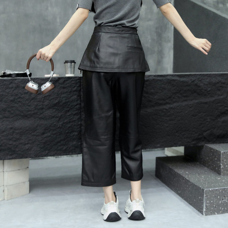 直筒裤女2025年秋季新款绵羊皮黑色九分裤侧拉链皮裤裙真皮休闲裤,淘宝优惠券,粉丝福利购,淘宝优惠卷