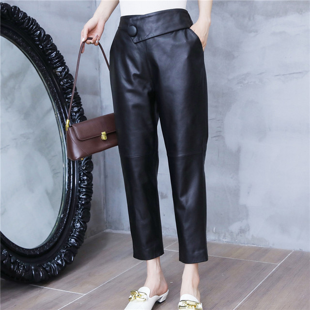 Harem pants for women 2023 autumn new style genuine leather high-waisted leather pants sheepskin black nine-point pants elastic waist casual pants