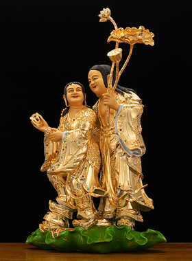 黄铜漆线雕和合二圣佛像家用摆件