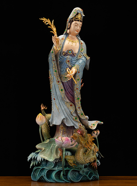 黄铜贴金漆线雕南海观音菩萨佛像