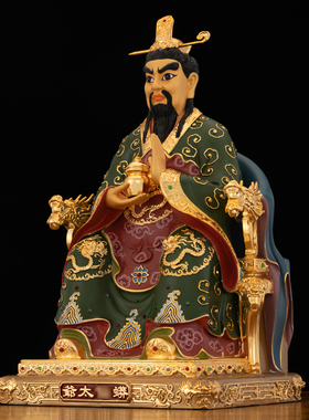 黄铜彩绘线雕蟒太爷太奶神像摆件