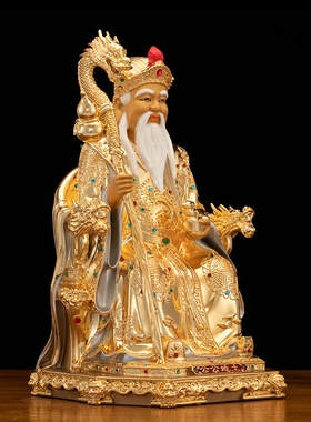 纯铜鎏金土地公土地婆神像摆件