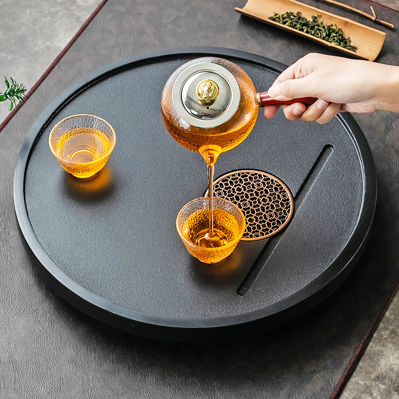 天然整块乌金石小茶盘中式方形圆形排水简约家用石头家用茶海茶台