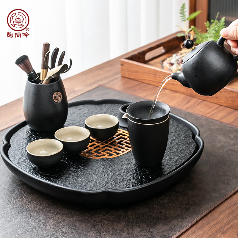 陶瓷天然石材小茶盘乌金石排水小型茶台茶具套装茶杯简约办公家用
