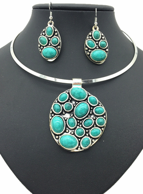 fashion necklace women jewelry 松石民族风项链套装复古女