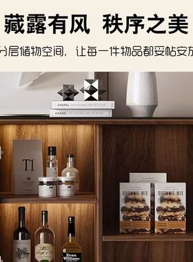 实木茶吧机餐边柜一体 中古风客厅茶水柜 家用落地收纳储物柜酒柜