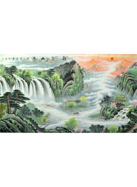 方正小八尺挂画手绘客厅聚宝盆春景青绿国画山水字画装饰墙画横幅
