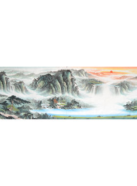 小丈二巨幅山水画大尺寸无款装饰纯手绘客厅国画字画春景青绿大堂