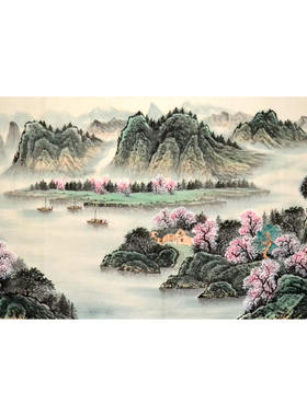 大六尺桃花春景无款横幅国画山水画字客厅风景书房画手绘墙画挂画