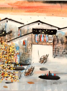 山水客厅家居横幅三尺字画装饰挂画手绘陈武无款淡雅春景青绿国画