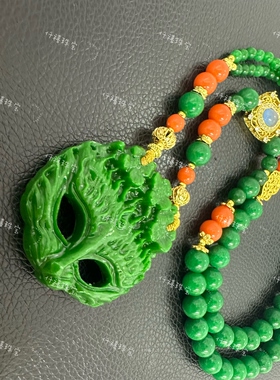 爆款祖母绿甘青双面九尾狐吊坠项链小众轻奢款国潮高级感女毛衣链