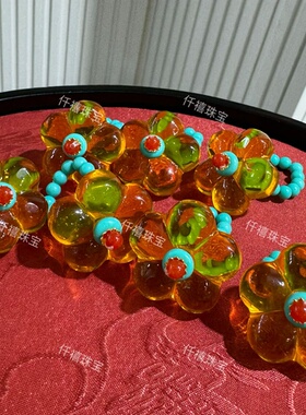 原创设计款时尚可爱花花松松小滴流琥珀小花戒指旺财多巴胺礼物