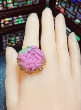 新款七彩盐源玛瑙(牡丹花)戒指双面雕刻牡丹花时尚毛衣链轻奢风