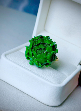 中国风花开富贵满绿色牡丹花戒指 精工雕刻 活口可调节设计