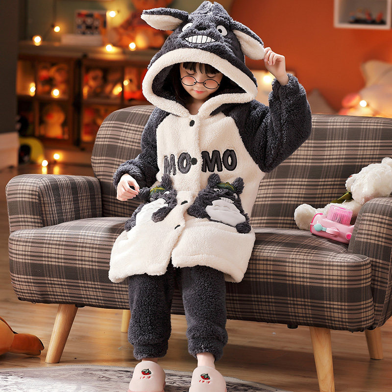 女童法兰绒冬季连帽可爱学生睡袍 佰媛琪睡袍/浴袍