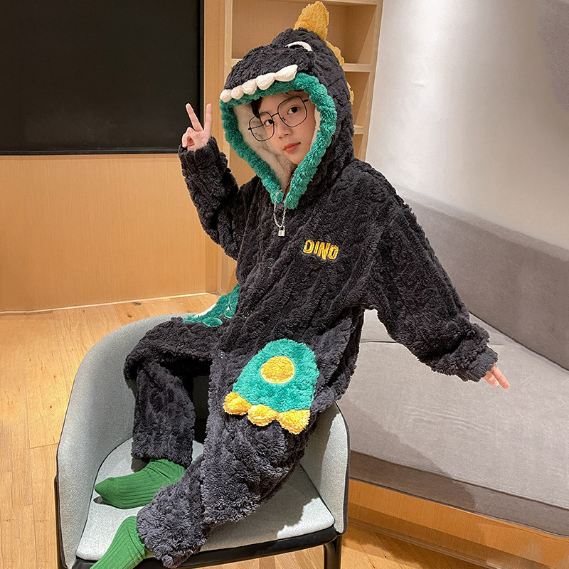 儿童浴袍男童冬季加绒加厚男孩睡袍珊瑚绒中大童恐龙睡衣冬天长袍,淘宝优惠券,粉丝福利购,淘宝优惠卷