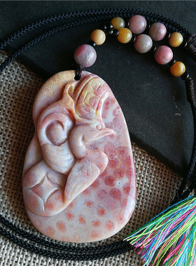 天然珊瑚玉吊坠粉色仿古毛衣链