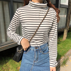 长袖T恤女条纹高领打底衫