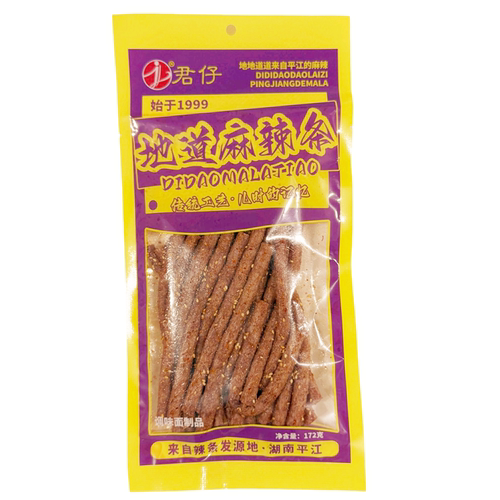 君仔172g老式芝麻片地道麻辣条香辣油条火爆素鸡筋大包装辣条零食 - 图1